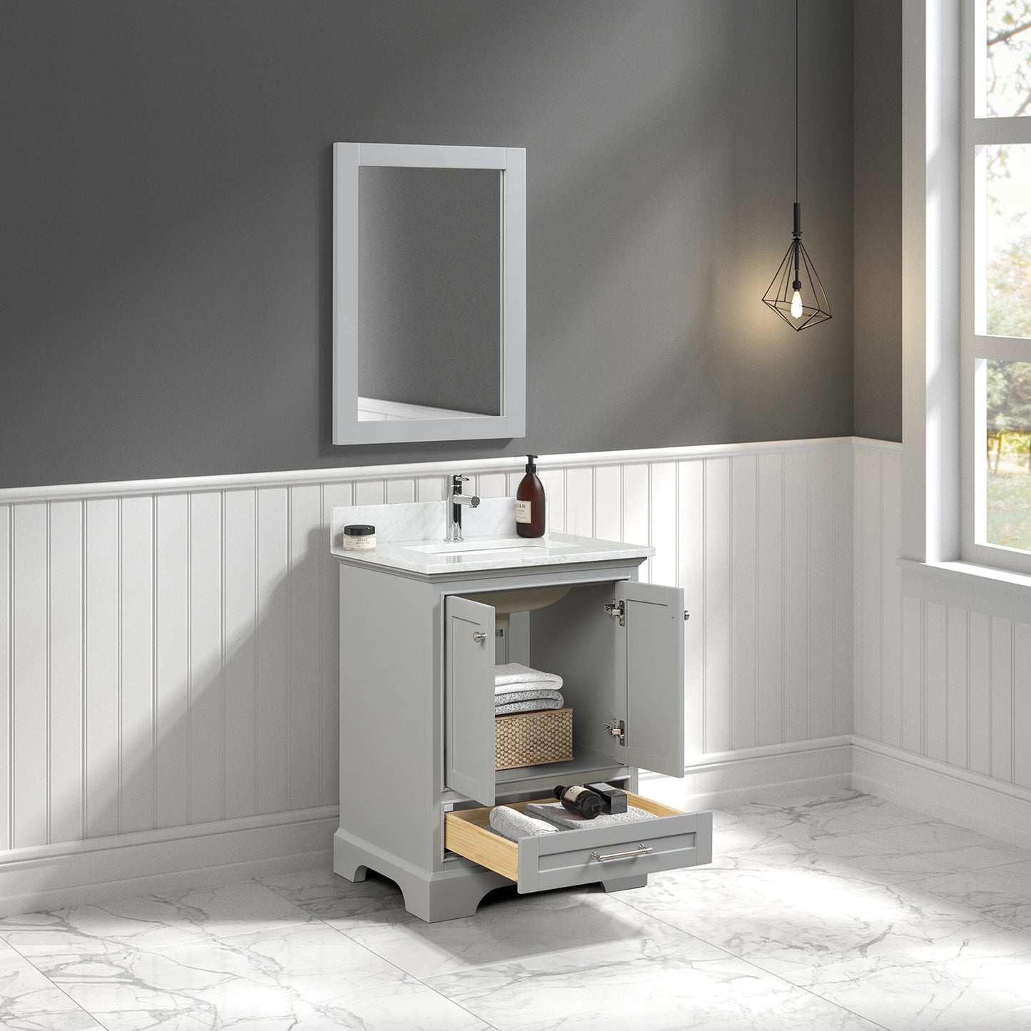 Copenhagen 24" Freestanding Bathroom Vanity With Countertop, Undermount Sink & Mirror - Metal Grey