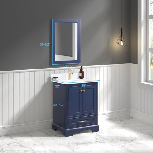 Copenhagen 24" Freestanding Bathroom Vanity With Countertop, Undermount Sink & Mirror - Navy Blue