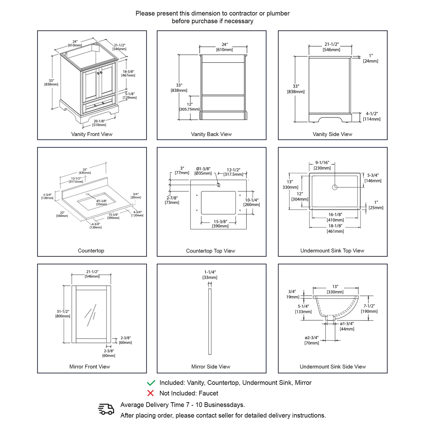 Copenhagen 24" Freestanding Bathroom Vanity With Countertop, Undermount Sink & Mirror - Navy Blue