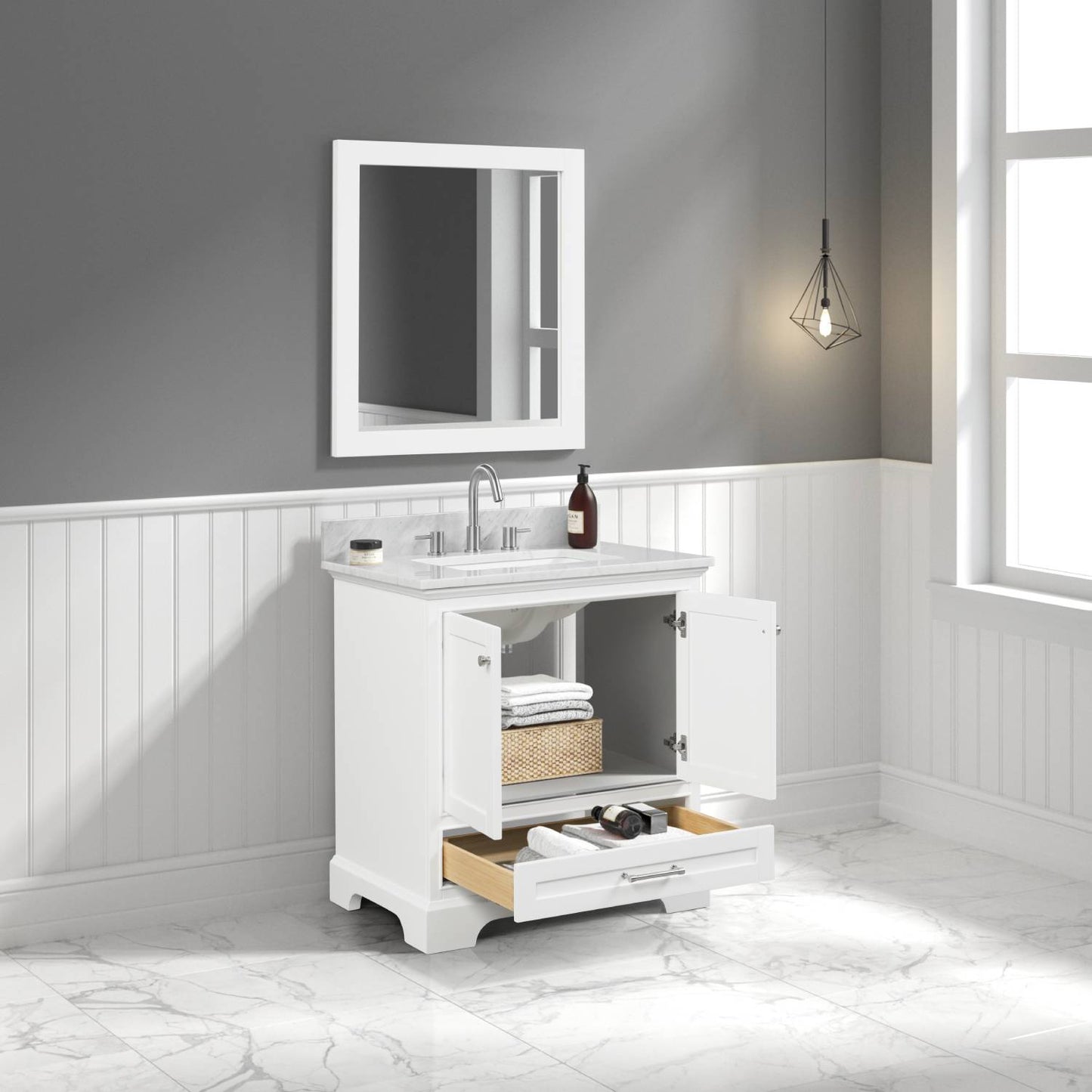 Copenhagen 30" Freestanding Bathroom Vanity With Countertop, Undermount Sink & Mirror - Matte White