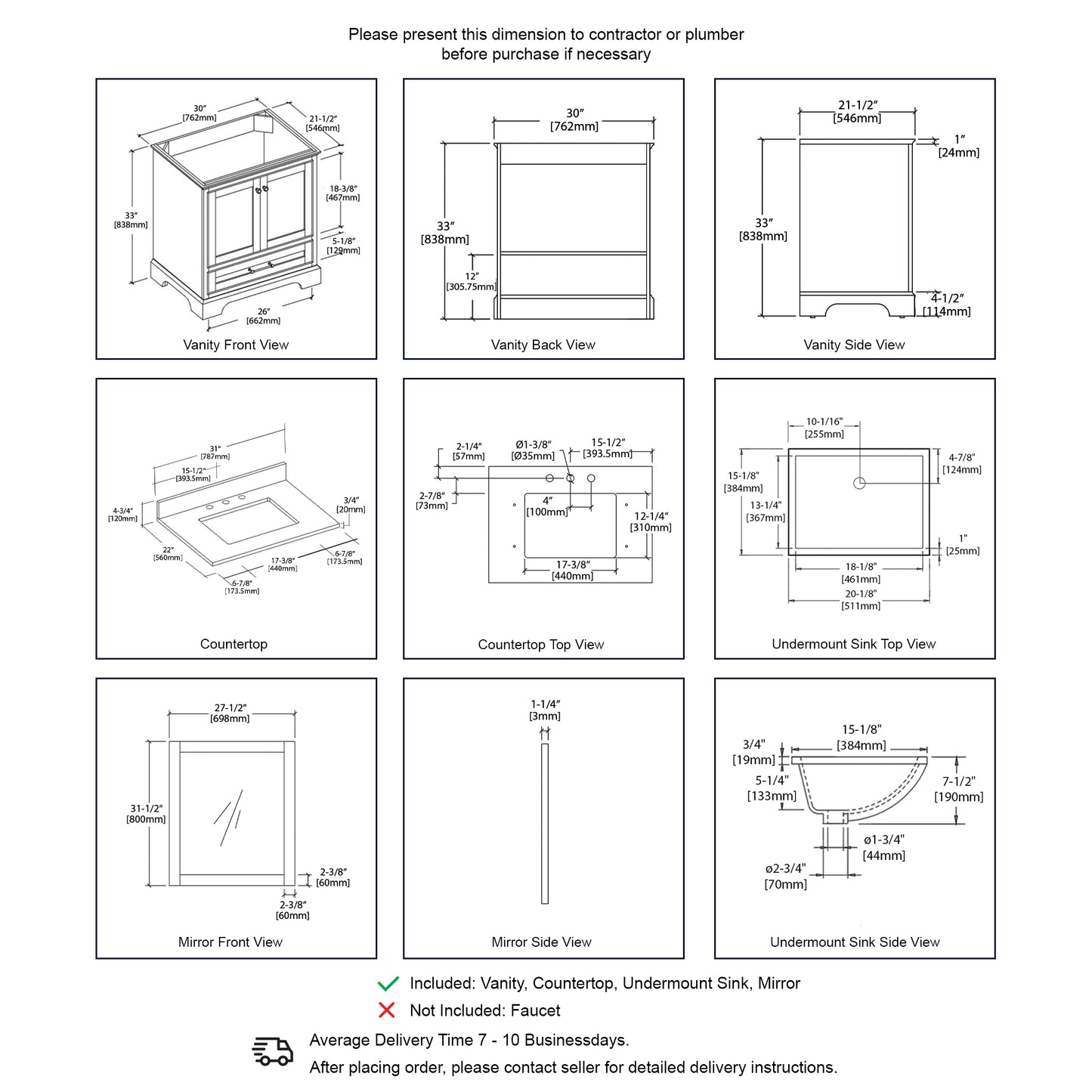 Copenhagen 30" Freestanding Bathroom Vanity With Countertop, Undermount Sink & Mirror - Metal Grey