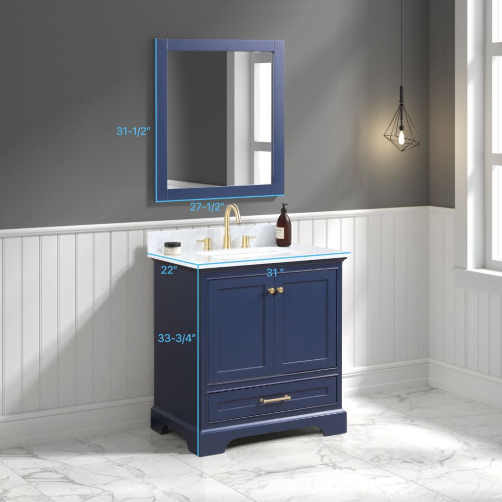 Copenhagen 30" Freestanding Bathroom Vanity With Countertop, Undermount Sink & Mirror - Navy Blue