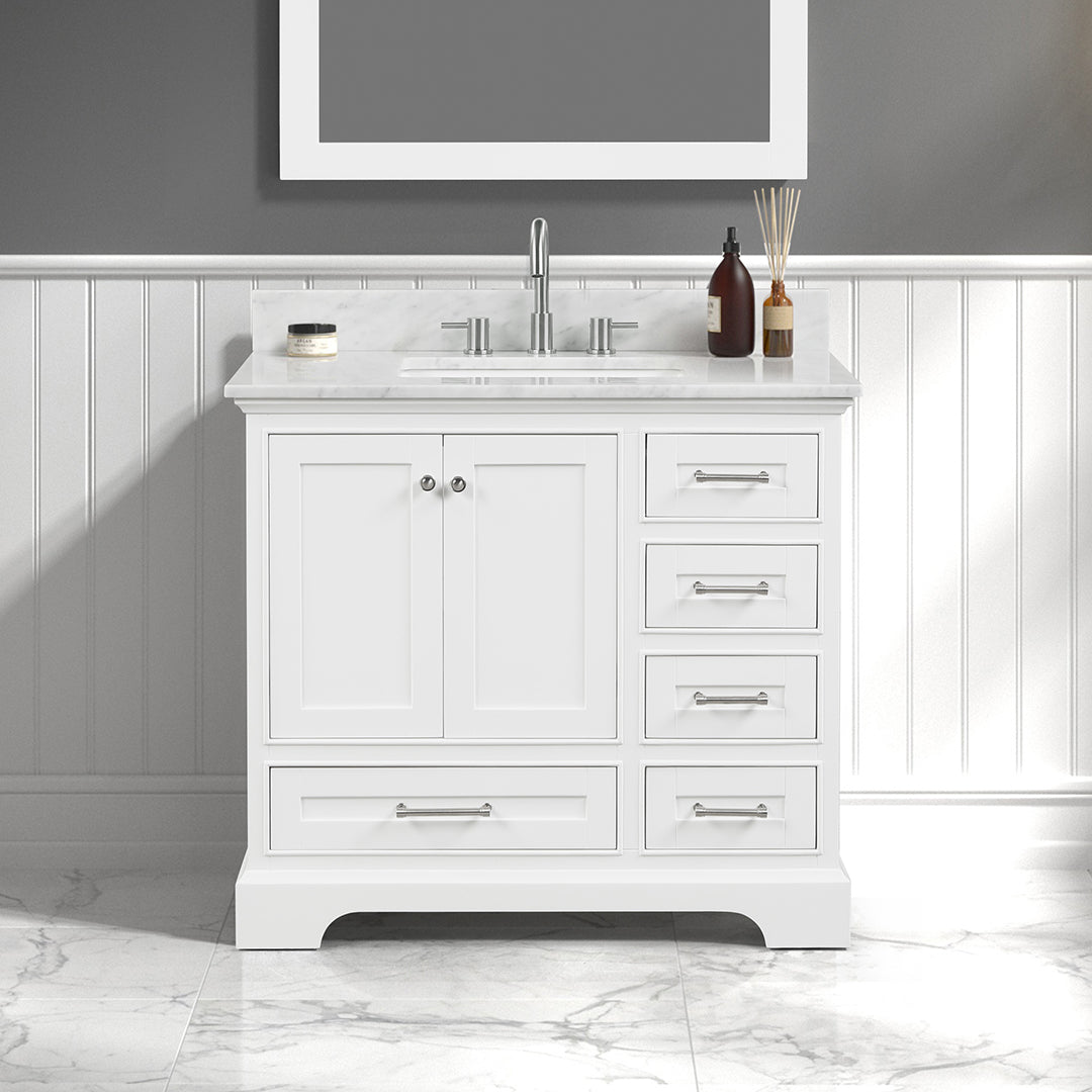 Copenhagen 36" Freestanding Bathroom Vanity With Carrara Marble Countertop & Undermount Ceramic Sink - Matte White