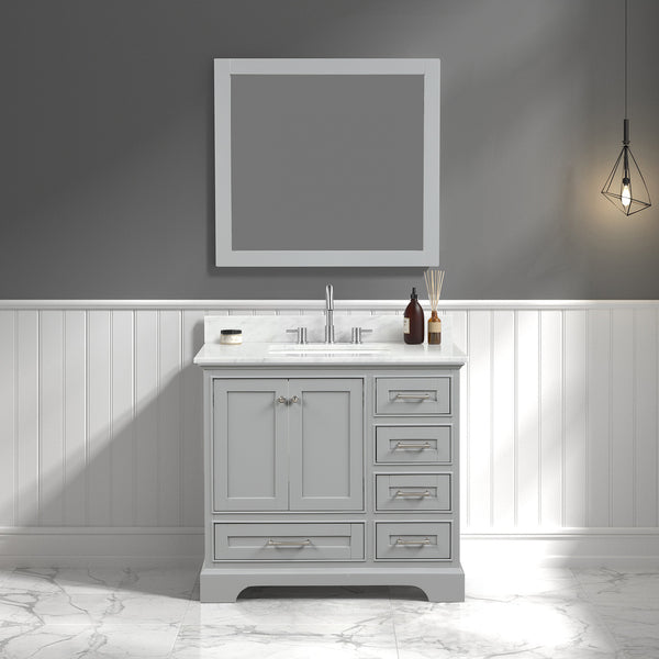 Copenhagen 36 Freestanding Bathroom Vanity With Carrara Marble Countertop, Undermount Ceramic Sink & Mirror - Metal Grey