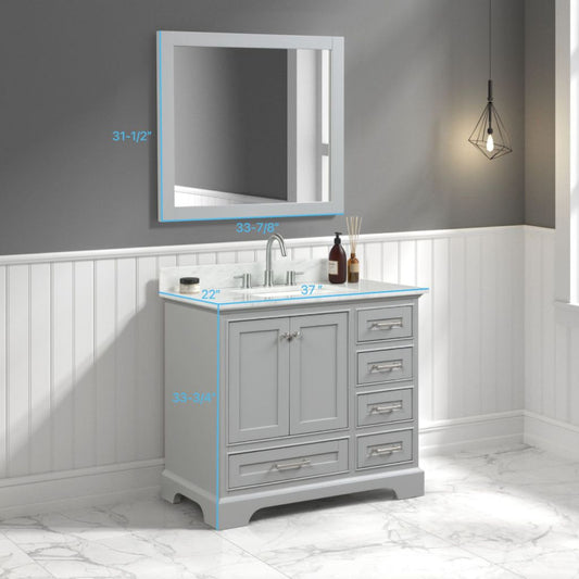 Copenhagen 36" Freestanding Bathroom Vanity With Carrara Marble Countertop, Undermount Ceramic Sink & Mirror - Metal Grey