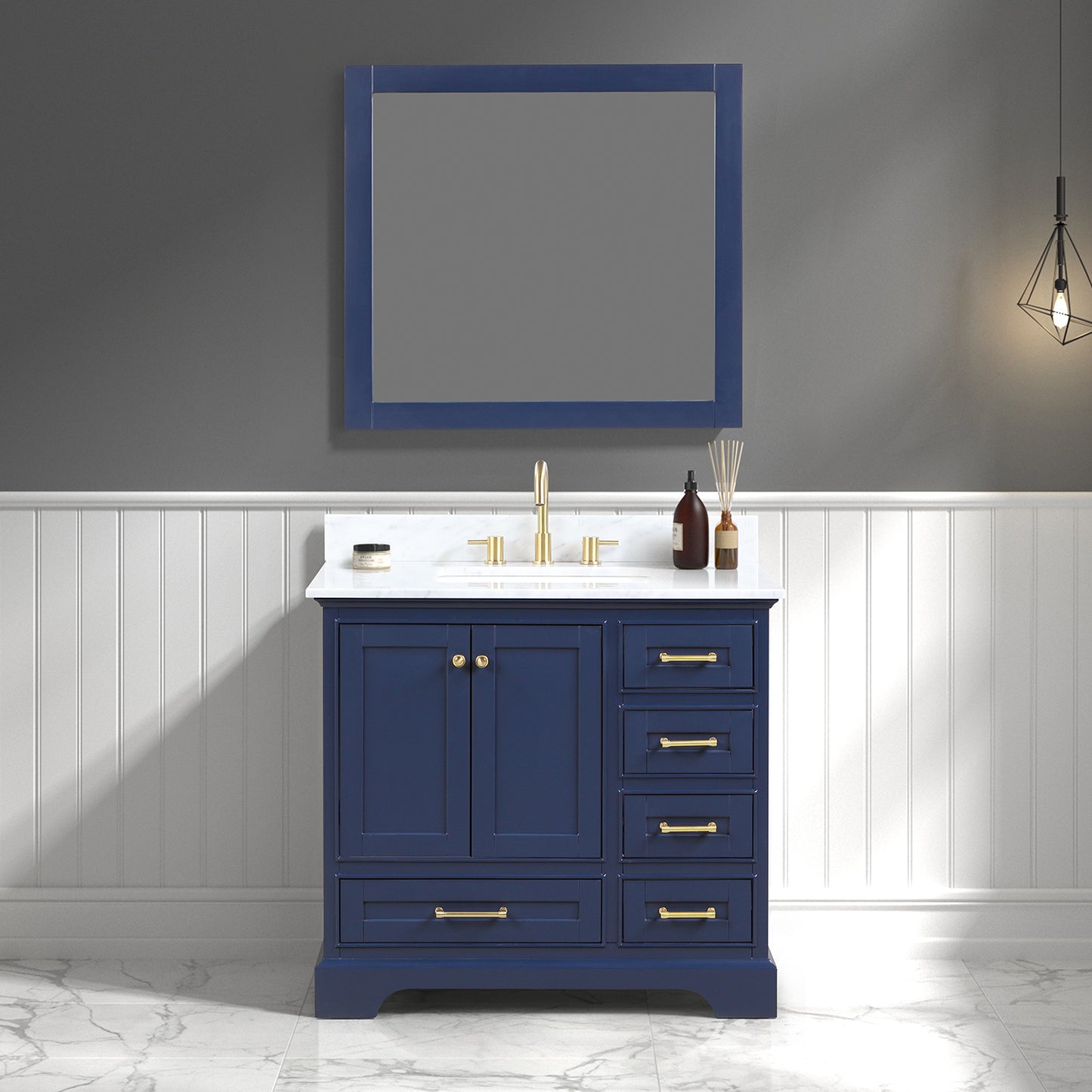 Copenhagen 36" Freestanding Bathroom Vanity With Carrara Marble Countertop, Undermount Ceramic Sink & Mirror - Navy Blue