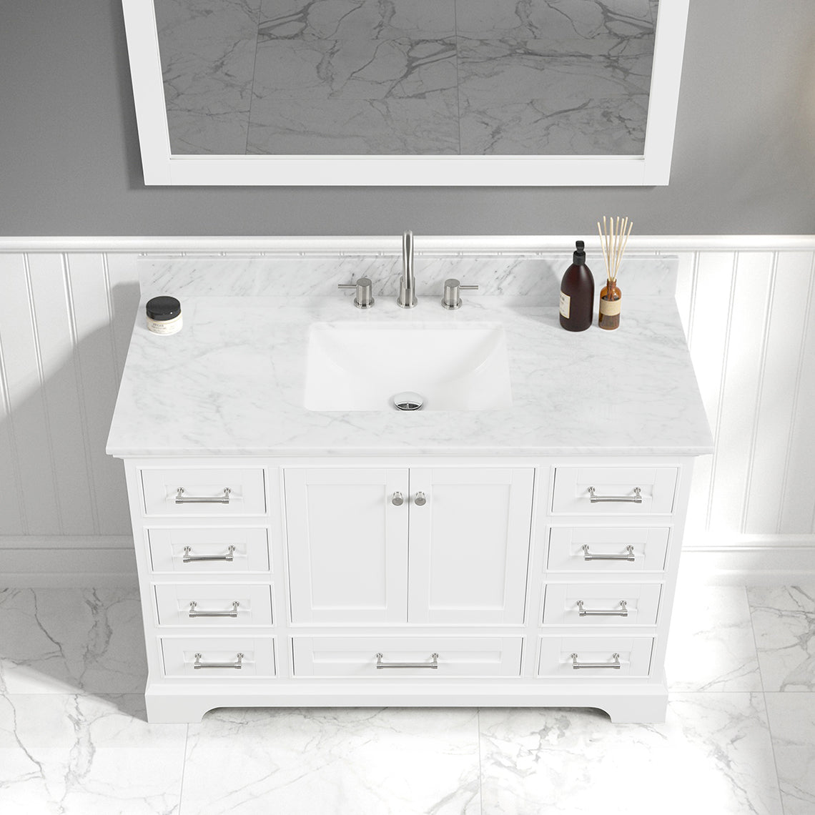 Copenhagen 48" Freestanding Bathroom Vanity With Carrara Marble Countertop & Undermount Ceramic Sink - Matte White