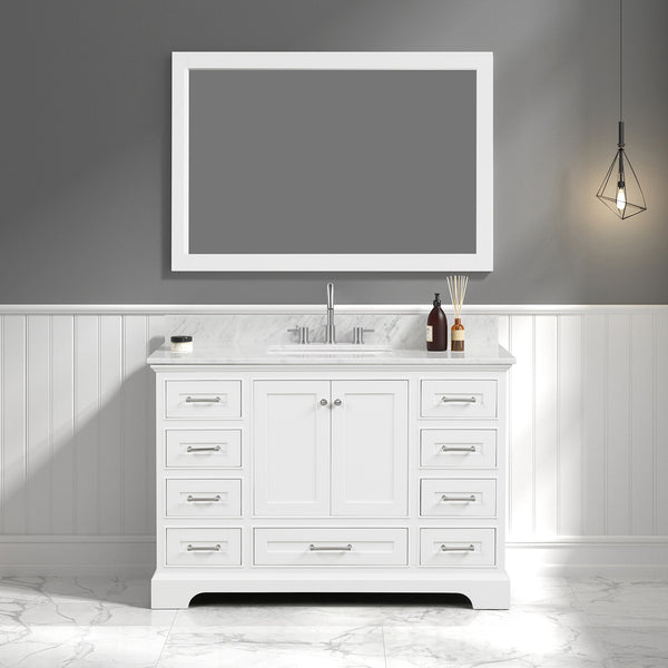 Copenhagen 48 Freestanding Bathroom Vanity With Carrara Marble Countertop, Undermount Ceramic Sink & Mirror - Matte White