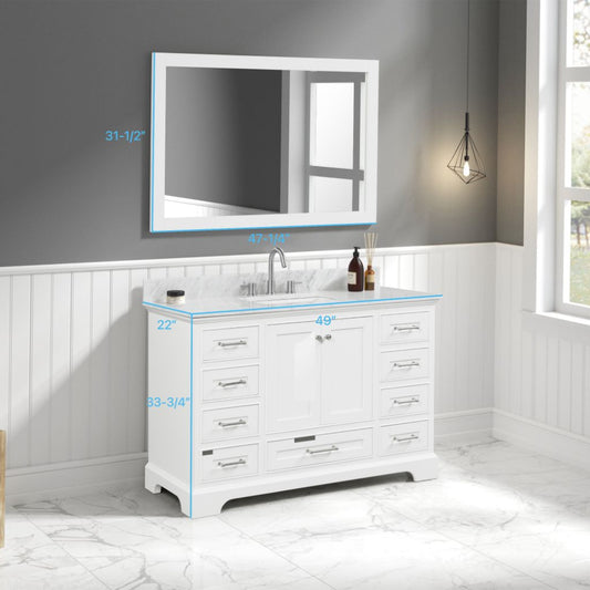 Copenhagen 48" Freestanding Bathroom Vanity With Carrara Marble Countertop, Undermount Ceramic Sink & Mirror - Matte White