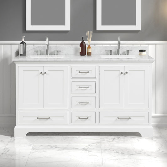 Copenhagen 60" Freestanding Bathroom Vanity With Carrara Marble Countertop & Undermount Ceramic Sink - Matte White