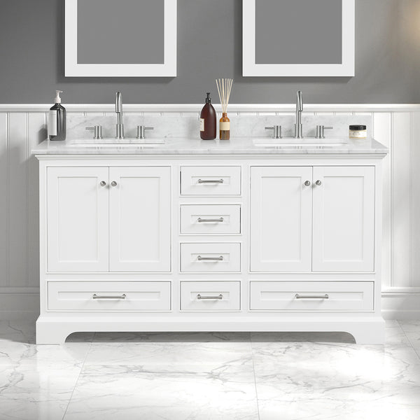 Copenhagen 60 Freestanding Bathroom Vanity With Carrara Marble Countertop & Undermount Ceramic Sink - Matte White