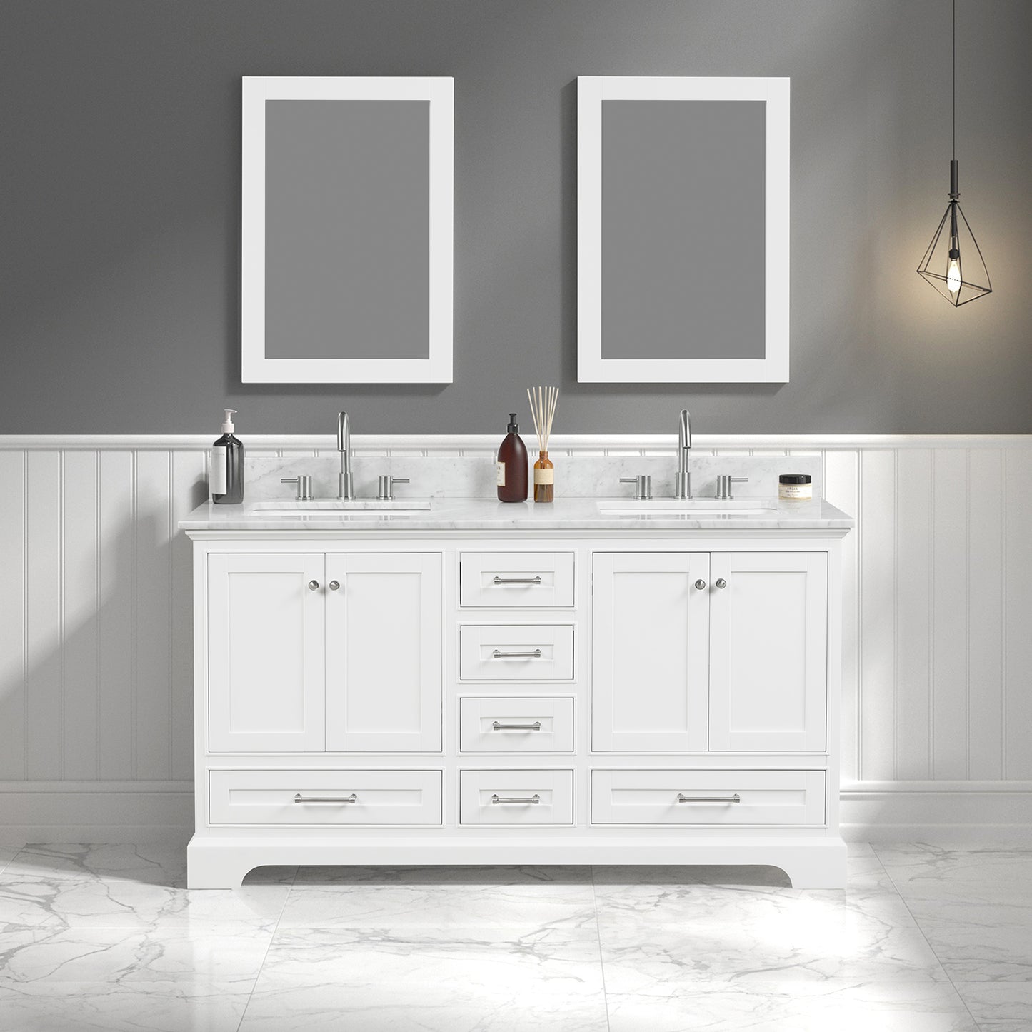 Copenhagen 60" Freestanding Bathroom Vanity With Carrara Marble Countertop, Undermount Ceramic Sink & Mirror - Matte White