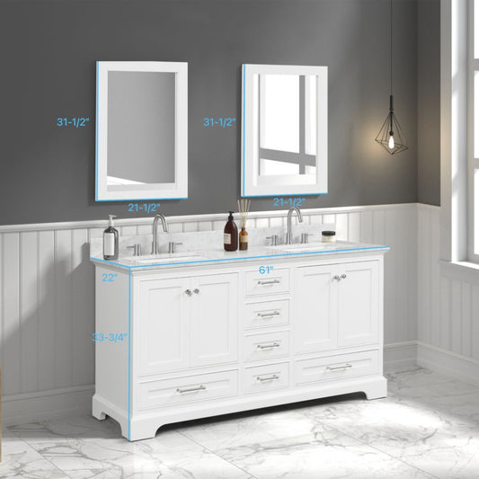 Copenhagen 60" Freestanding Bathroom Vanity With Carrara Marble Countertop, Undermount Ceramic Sink & Mirror - Matte White