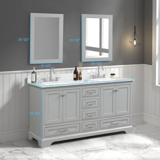 Copenhagen 60" Freestanding Bathroom Vanity With Carrara Marble Countertop, Undermount Ceramic Sink & Mirror - Metal Grey