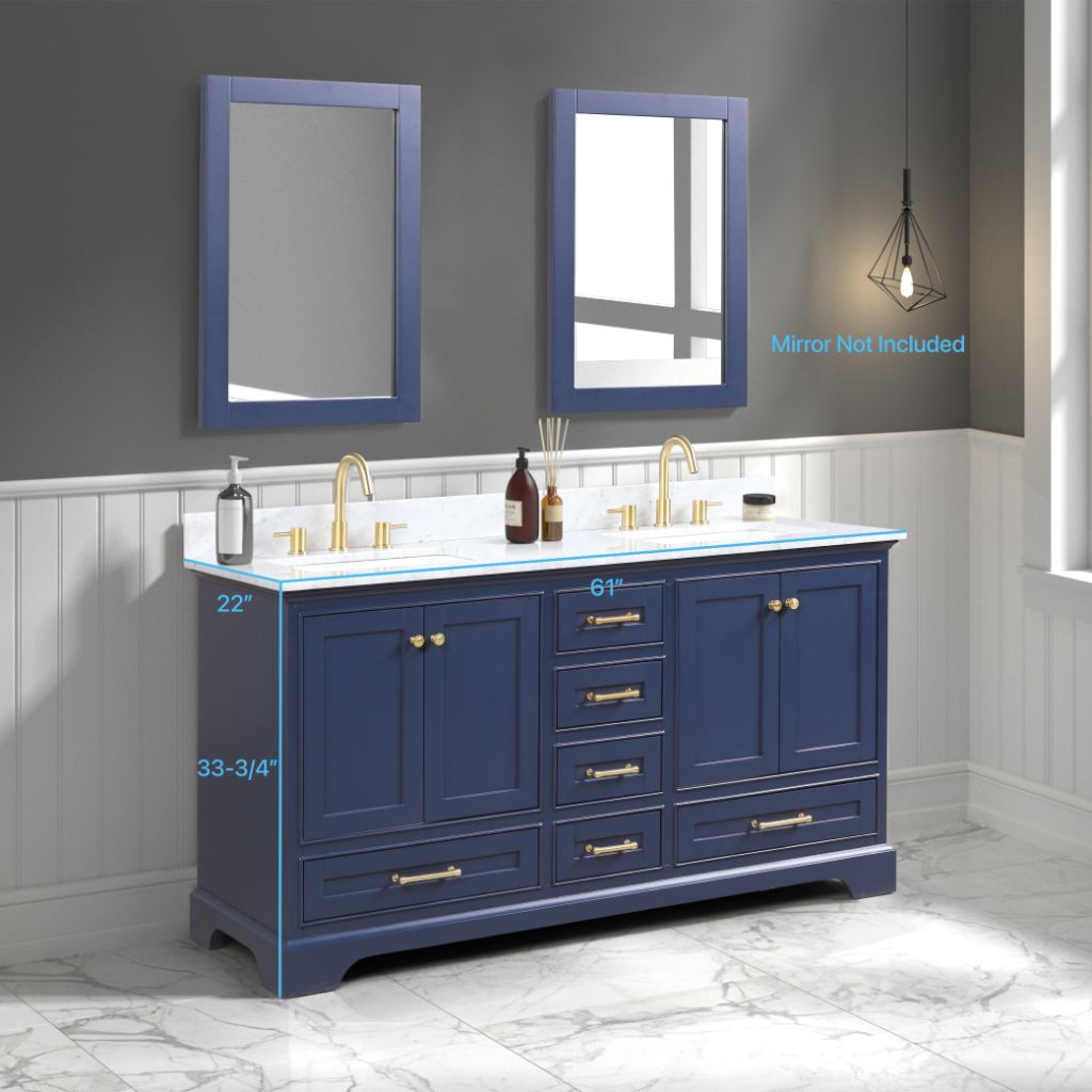 Copenhagen 60" Freestanding Bathroom Vanity With Carrara Marble Countertop & Undermount Ceramic Sink - Navy Blue