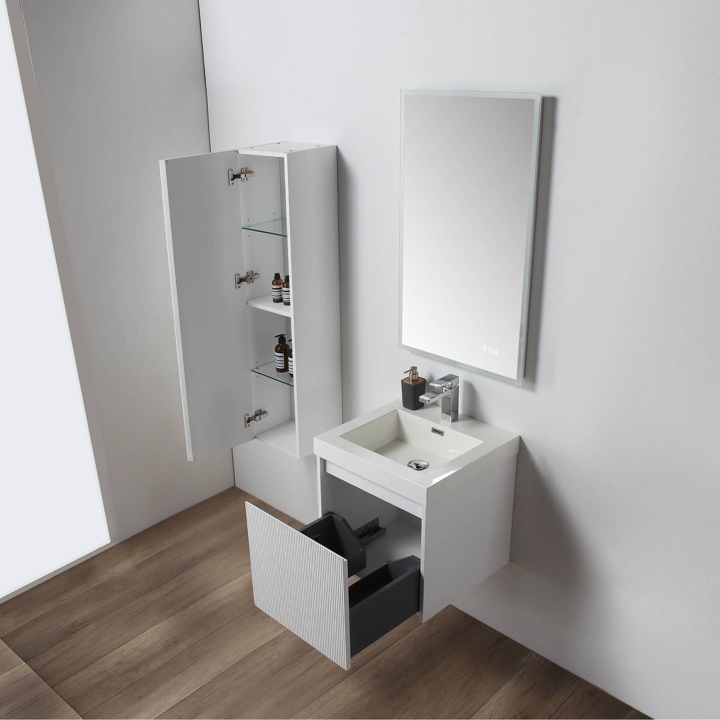 Positano 20" Floating Bathroom Vanity with Acrylic Sink & Side Cabinet - Matte White