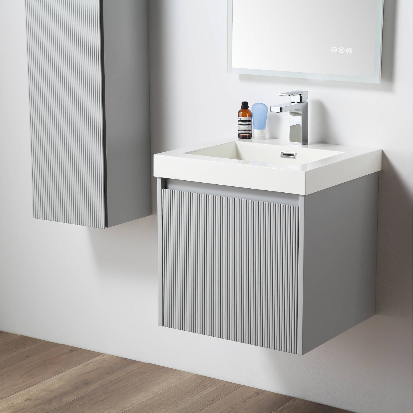 Positano 20" Floating Bathroom Vanity with Acrylic Sink & Side Cabinet - Light Grey