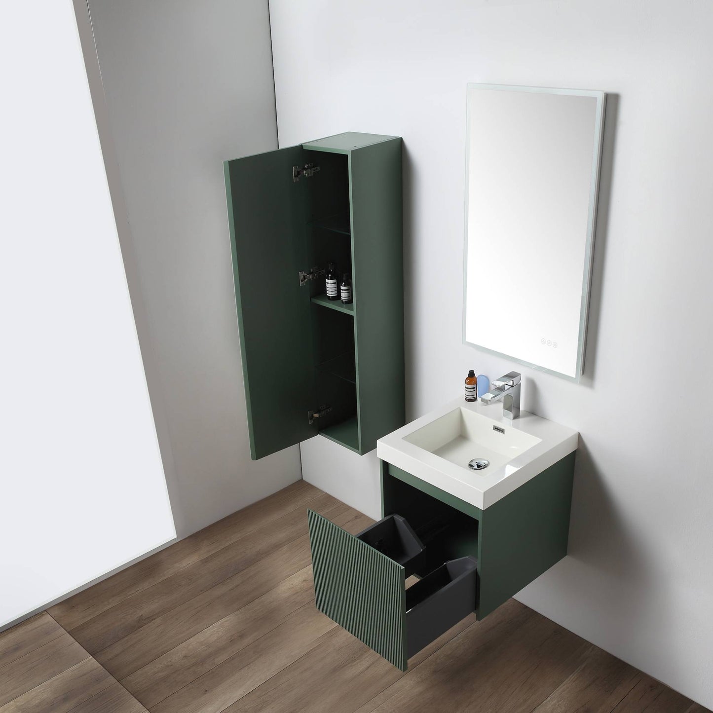 Positano 20" Floating Bathroom Vanity with Acrylic Sink & Side Cabinet - Aventurine Green