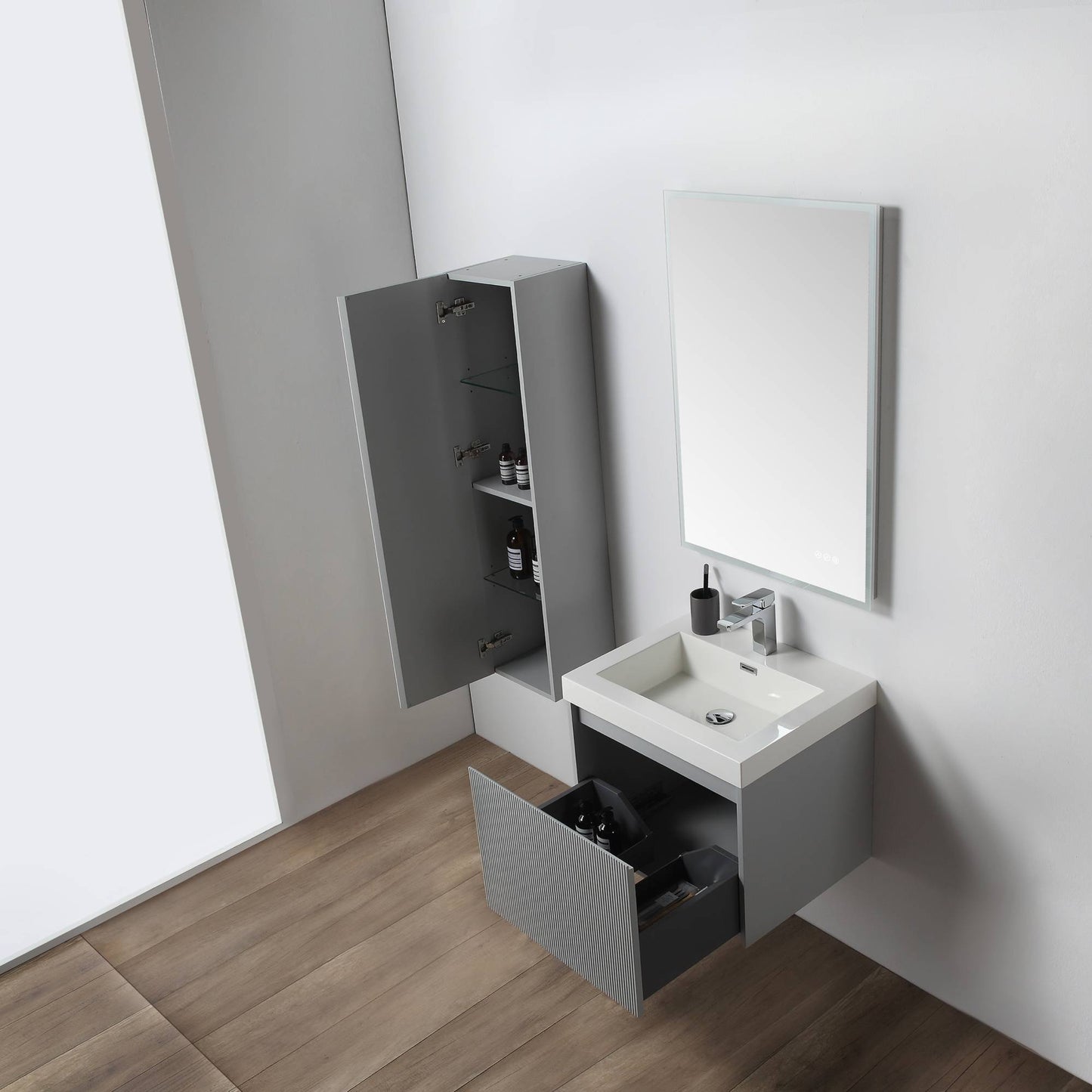 Positano 24" Floating Bathroom Vanity with Acrylic Sink & Side Cabinet - Light Grey