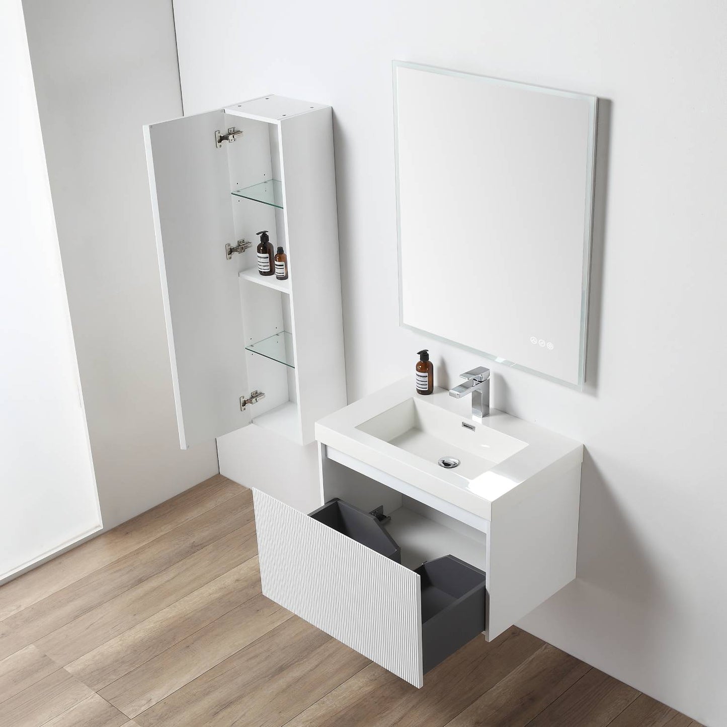 Positano 30" Floating Bathroom Vanity with Acrylic Sink & Side Cabinet - Matte White