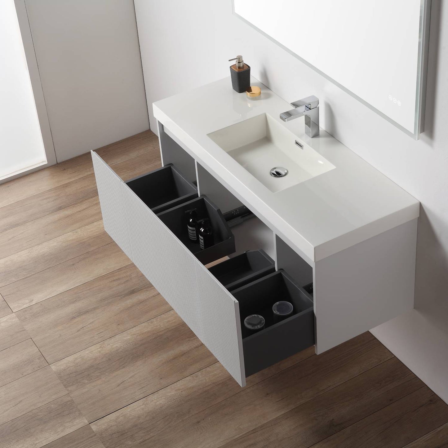 Positano 48" Floating Bathroom Vanity with Single Acrylic Sink & 2 Side Cabinets - Light Grey
