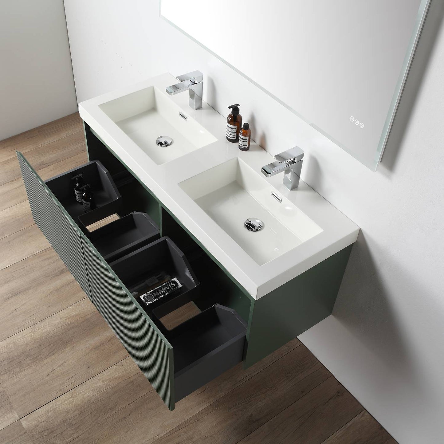 Positano 48" Floating Bathroom Vanity with Double Acrylic Sinks & 2 Side Cabinets - Aventurine Green