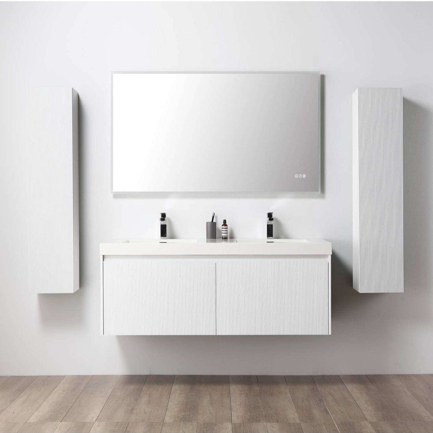 Positano 60" Floating Bathroom Vanity with Acrylic Sinks & 2 Side Cabinets - Matte White