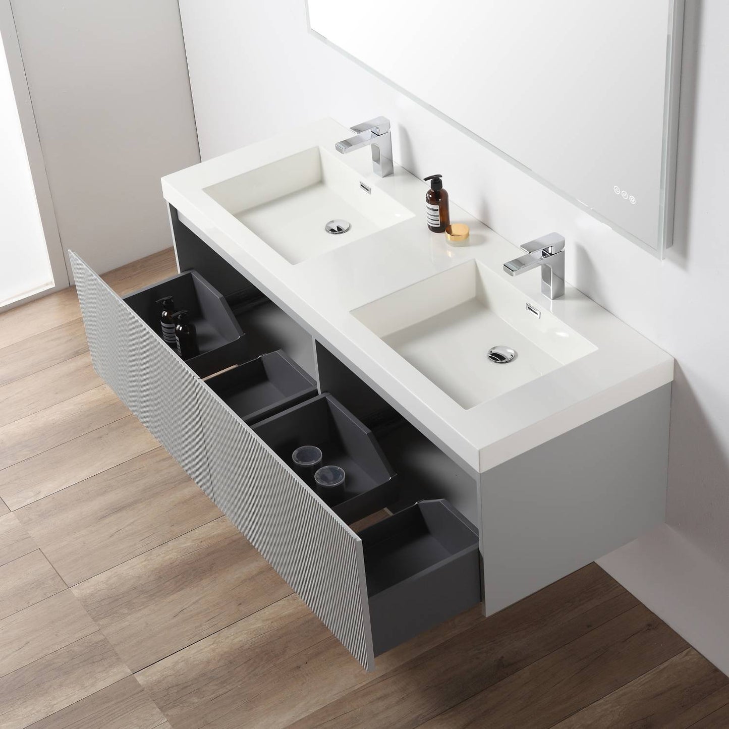 Positano 60" Floating Bathroom Vanity with Acrylic Sinks - Light Grey