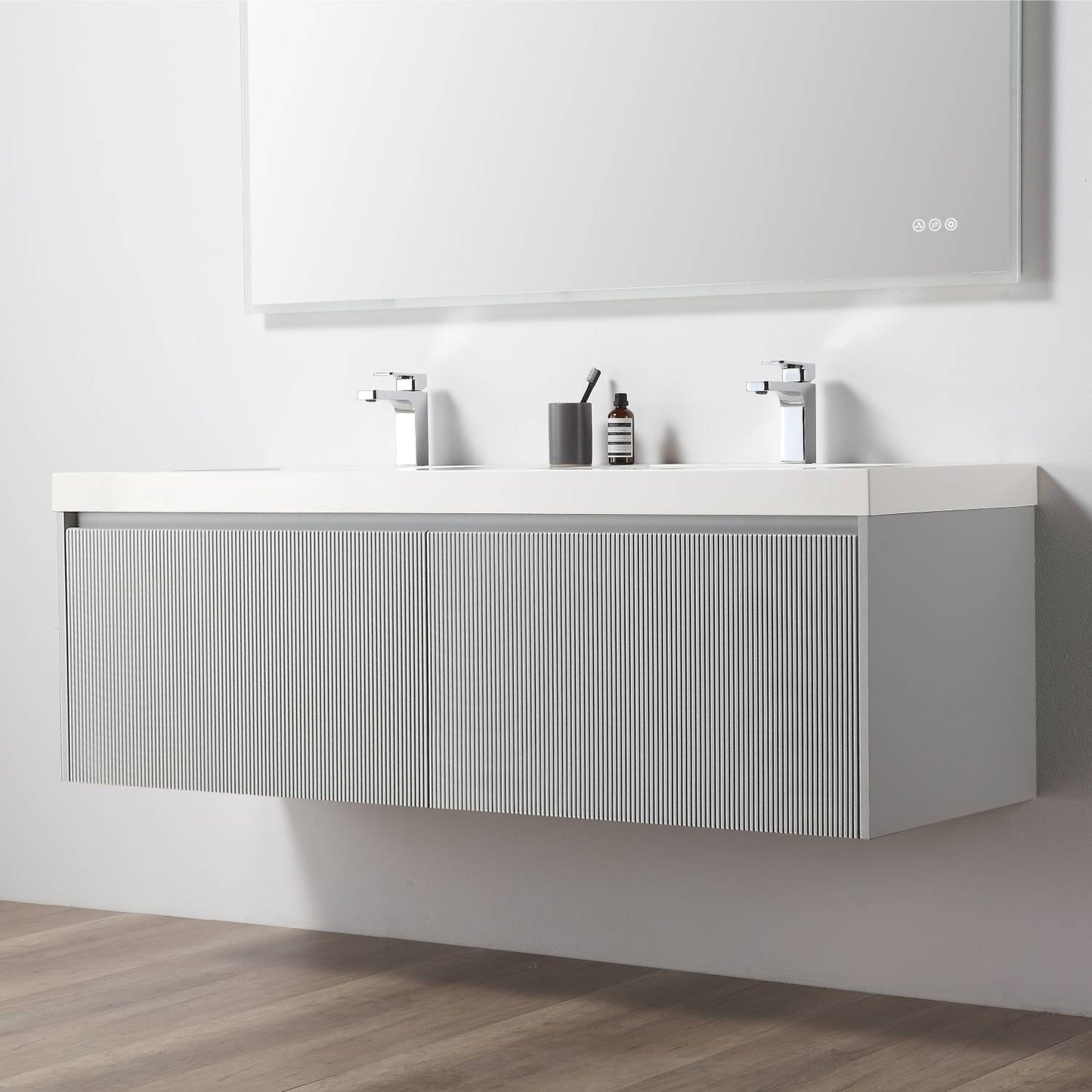 Positano 60" Floating Bathroom Vanity with Acrylic Sinks & 2 Side Cabinets - Light Grey