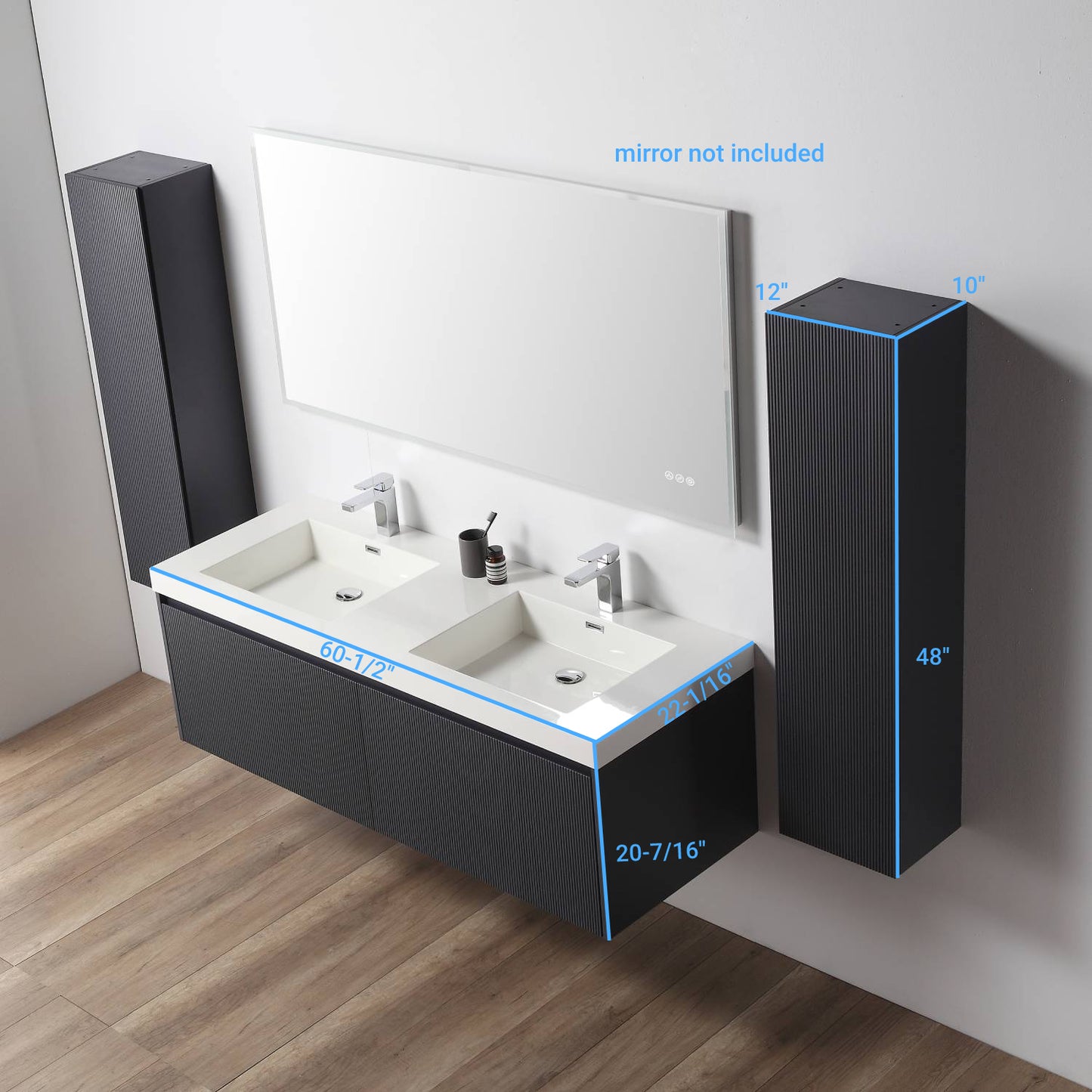 Positano 60" Floating Bathroom Vanity with Acrylic Sinks & 2 Side Cabinets - Night Blue