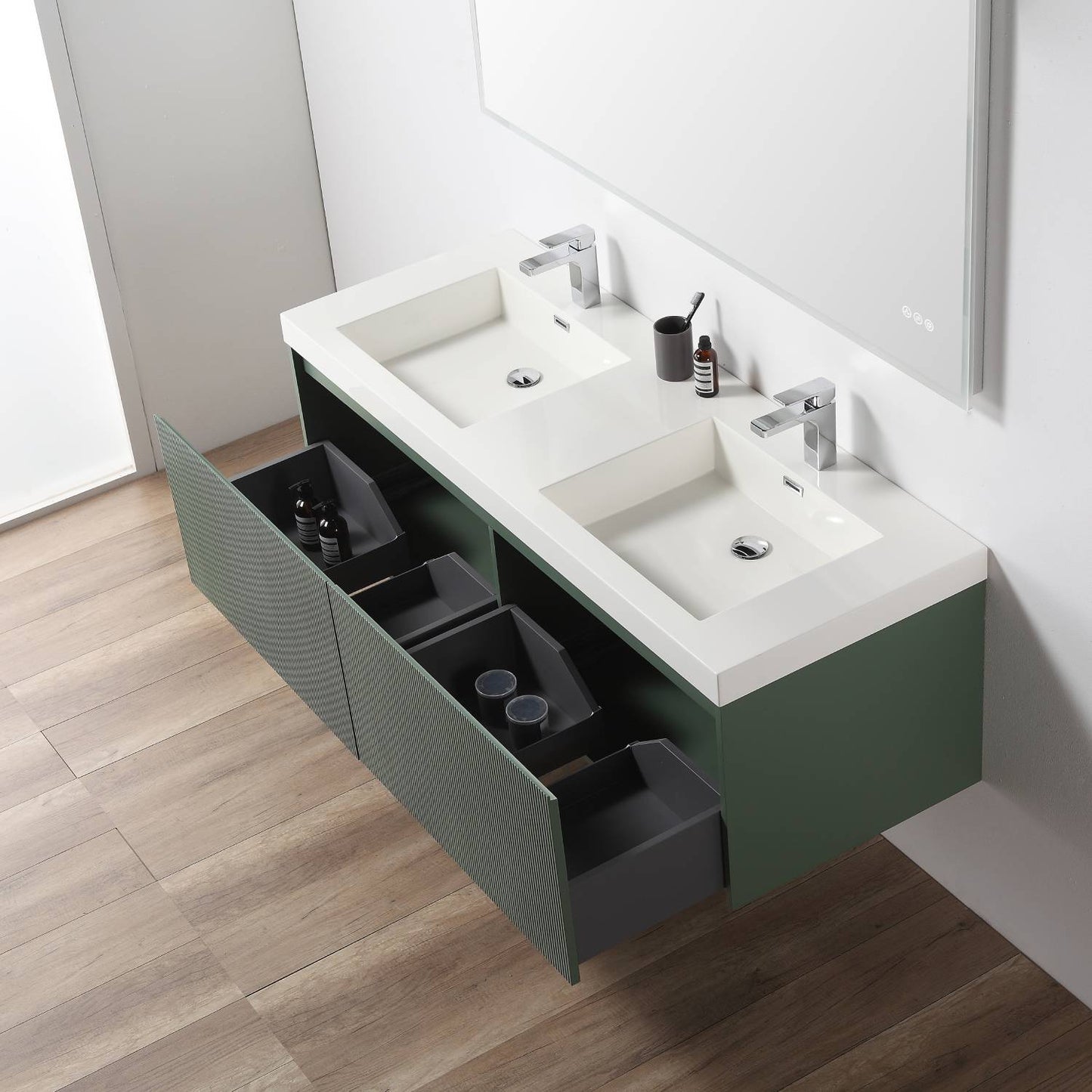 Positano 60" Floating Bathroom Vanity with Acrylic Sinks & 2 Side Cabinets - Aventurine Green