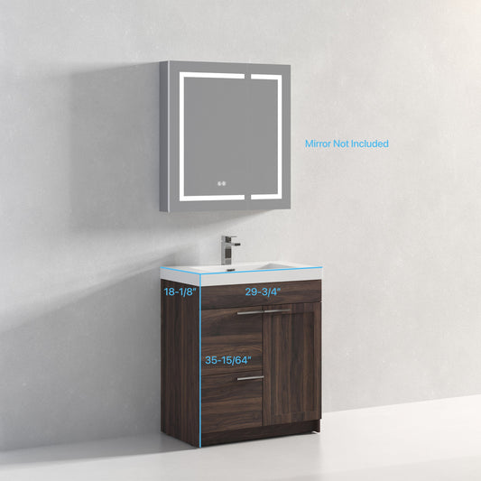 Hannover 30" Freestanding Bathroom Vanity with Acrylic Sink - Cali Walnut