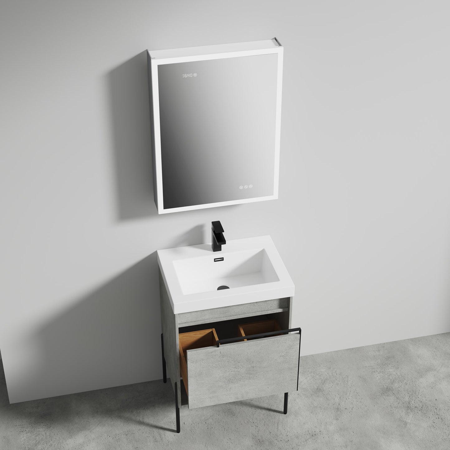 Turin 24" Freestanding Bathroom Vanity with Acrylic Sink - Plain Cement