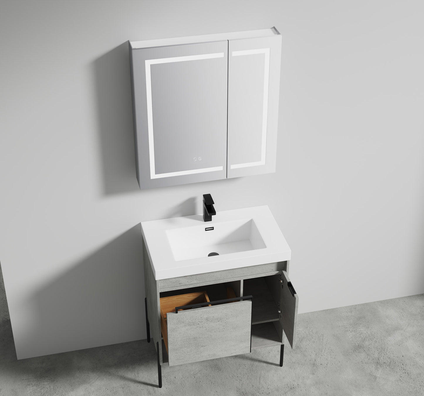 Turin 30" Freestanding Bathroom Vanity with Acrylic Sink - Plain Cement