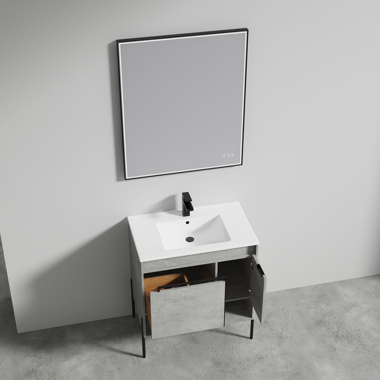 Turin 30" Freestanding Bathroom Vanity with Ceramic Sink - Plain Cement