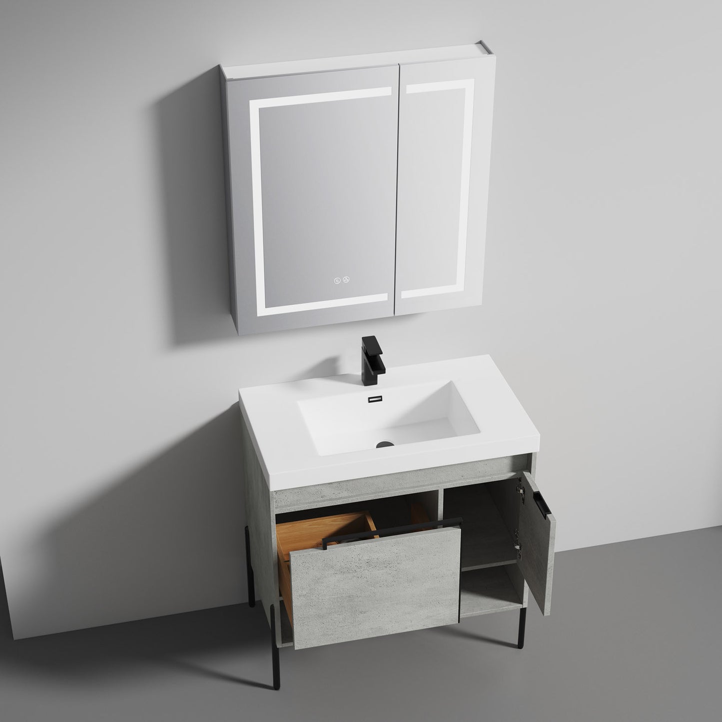 Turin 36" Freestanding Bathroom Vanity with Acrylic Sink - Plain Cement