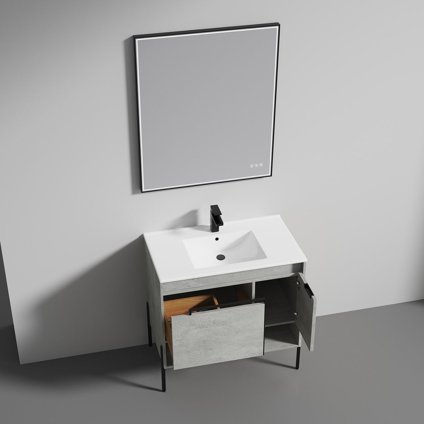 Turin 36" Freestanding Bathroom Vanity with Ceramic Sink - Plain Cement