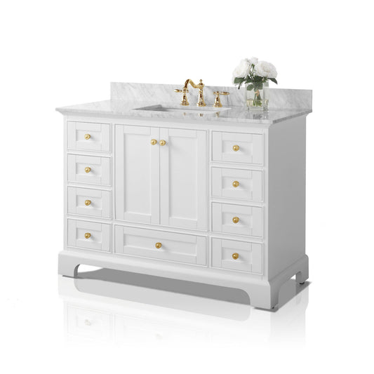 Audrey 48 in. Bath Vanity Set in White with 28 in. Mirror with Gold Finish Hardware