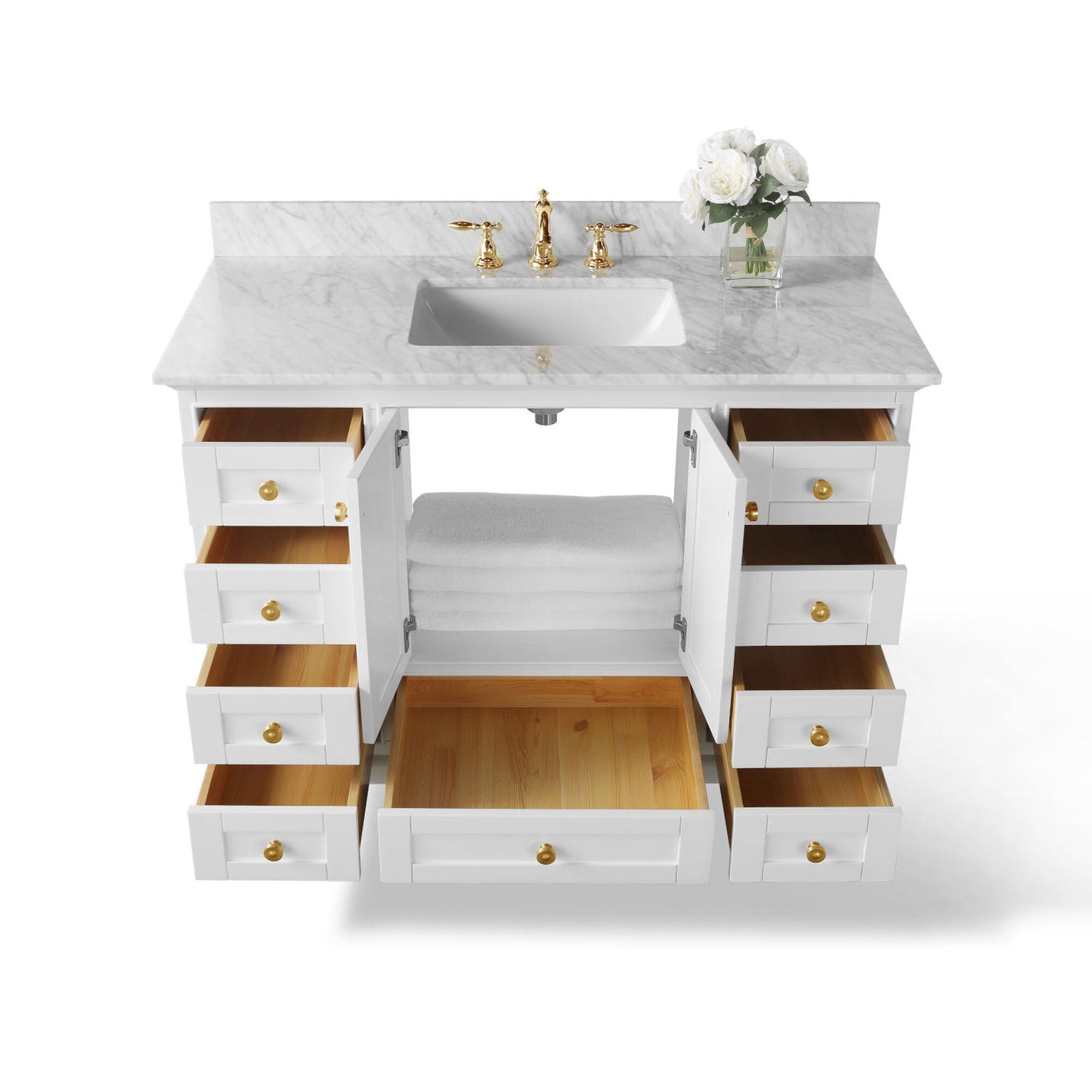 Audrey 48 in. Bath Vanity Set in White with 28 in. Mirror with Gold Finish Hardware