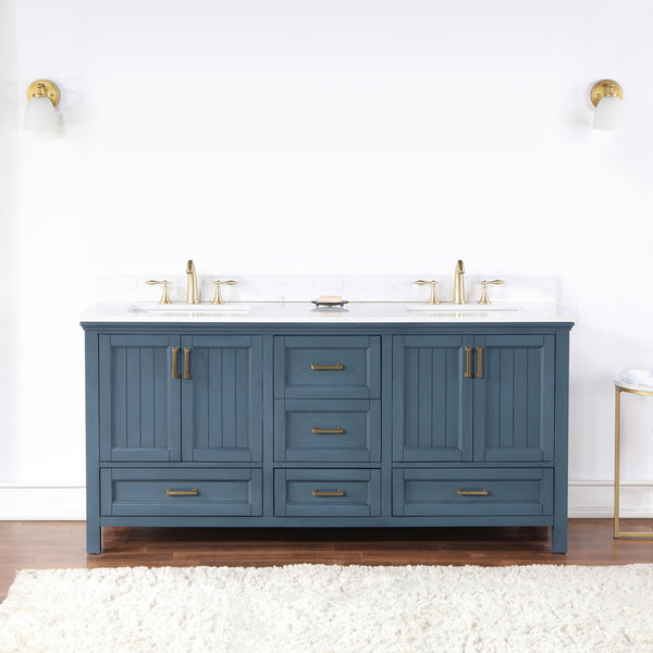 Isla 72 Double Bathroom Vanity Set in Classic Blue and Composite Carrara White Stone Countertop without Mirror