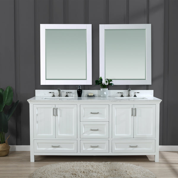 Isla 72 Double Bathroom Vanity Set in White and Carrara White Marble Countertop with Mirror