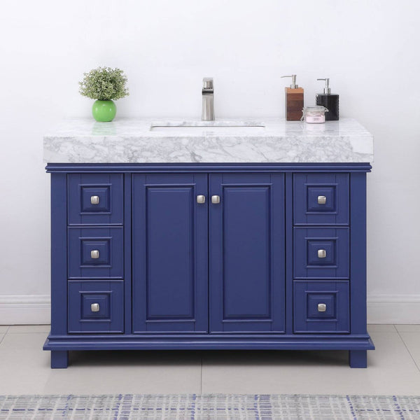 Jardin 48 Single Bathroom Vanity Set in Jewelry Blue and Carrara White Marble Countertop without Mirror
