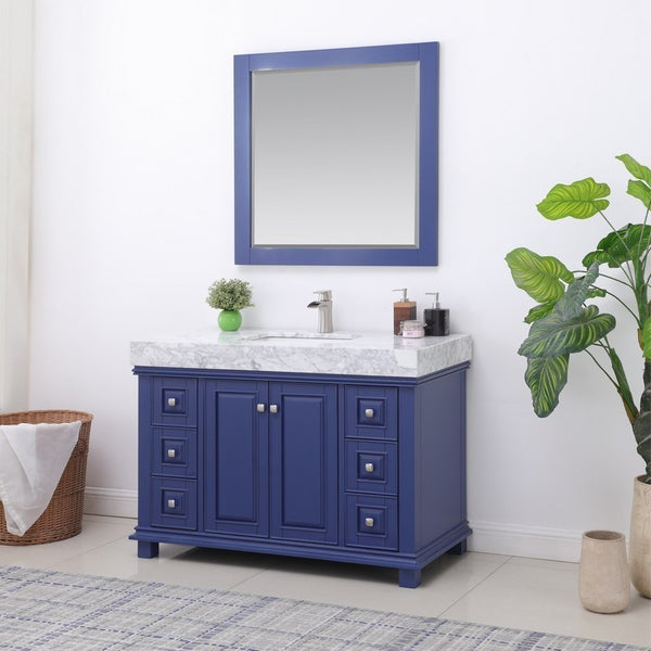 Jardin 48 Single Bathroom Vanity Set in Jewelry Blue and Carrara White Marble Countertop with Mirror