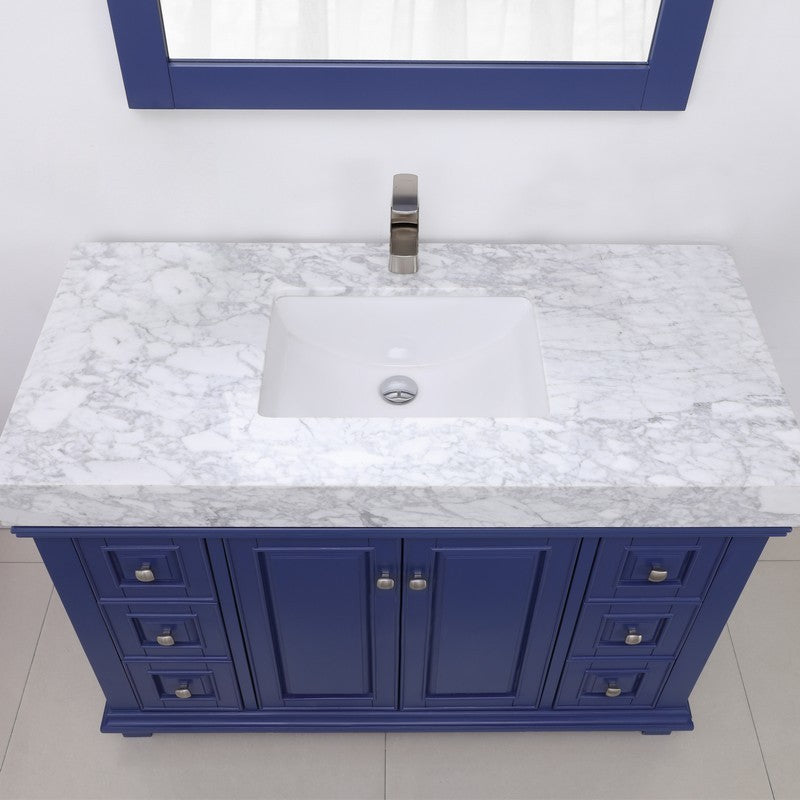 Jardin 48" Single Bathroom Vanity Set in Jewelry Blue and Carrara White Marble Countertop with Mirror