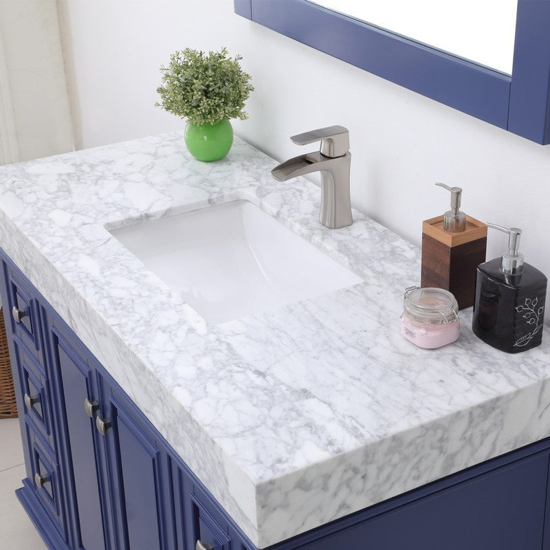 Jardin 48" Single Bathroom Vanity Set in Jewelry Blue and Carrara White Marble Countertop with Mirror