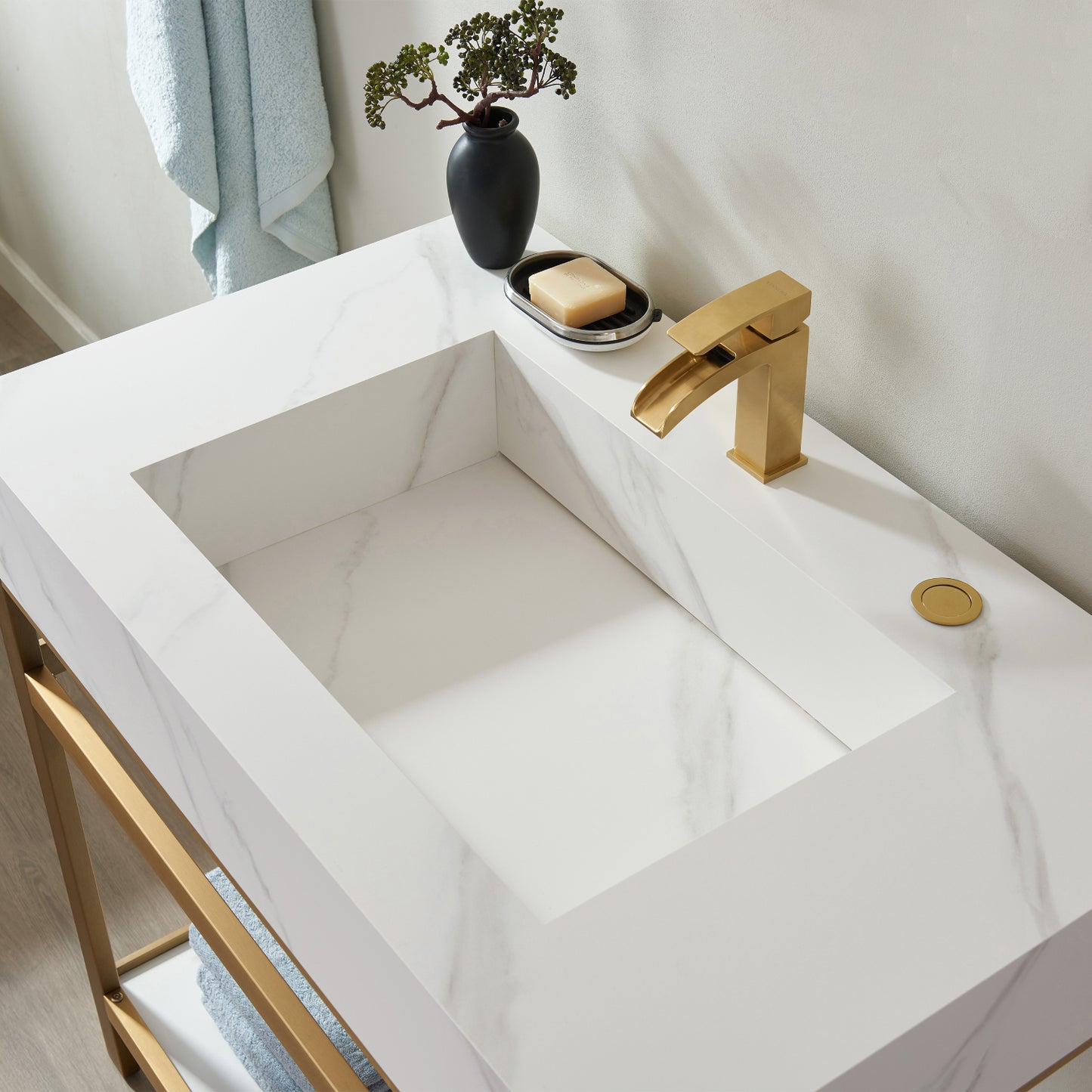 Bilbao 36" Vanity with Brushed-gold stainless steel bracket match with Snow mountain-white stone Countertop Without Mirror