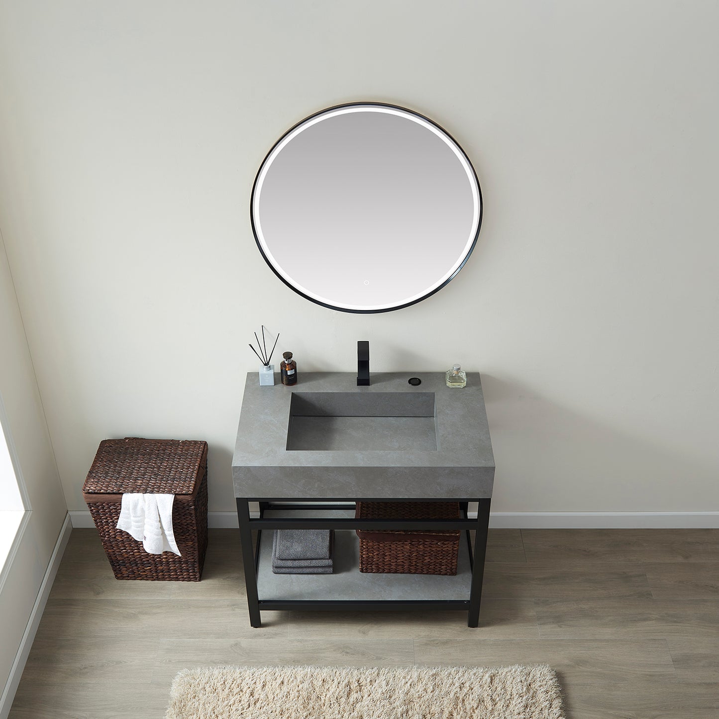 Bilbao 36" Single Vanity with Matte black stainless steel bracket match with Grey Sintered Stone Top and Mirror