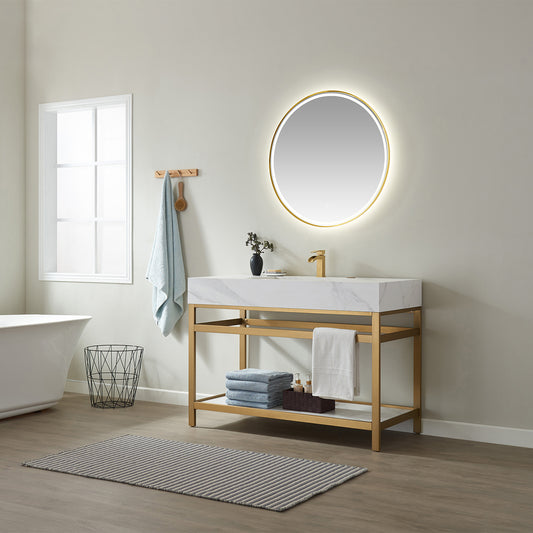 Bilbao 48" Vanity with Brushed-gold stainless steel bracket match with Snow mountain-white stone Countertop With Mirror