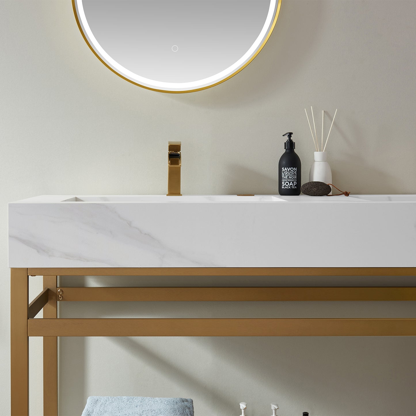 Bilbao 60" Vanity with Brushed-gold stainless steel bracket match with Snow mountain-white stone Countertop With Mirror