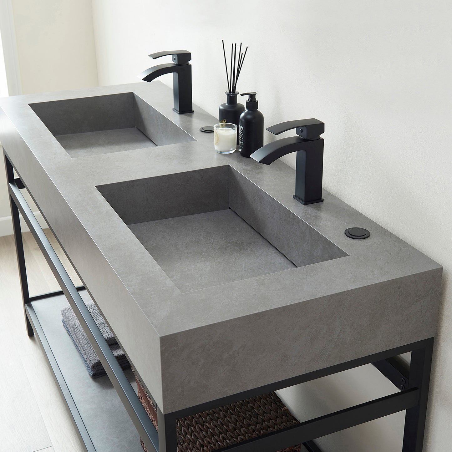 Bilbao 60" Double Vanity with Matte black stainless steel bracket match with Grey Sintered Stone Top